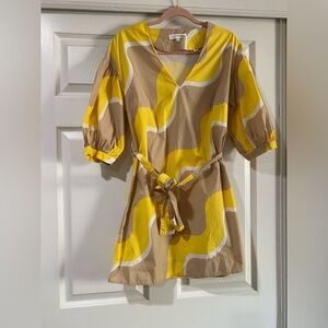 Chinti & Parker Wave Printed Puff Sleeve Tie Waist V-Neck Mini Dress Yellow Tan‎